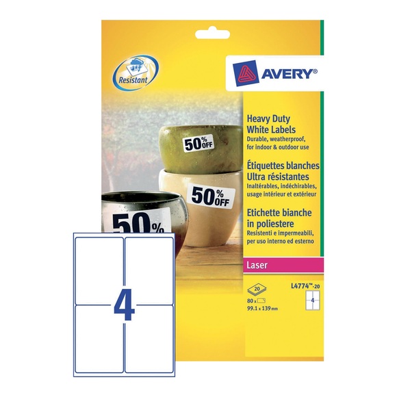 AVERY Zweckform L4774-20 Wasserfeste Etiketten 99,1 x 139 mm Weiß Rechteckig 20 Blatt à 4 Etikett