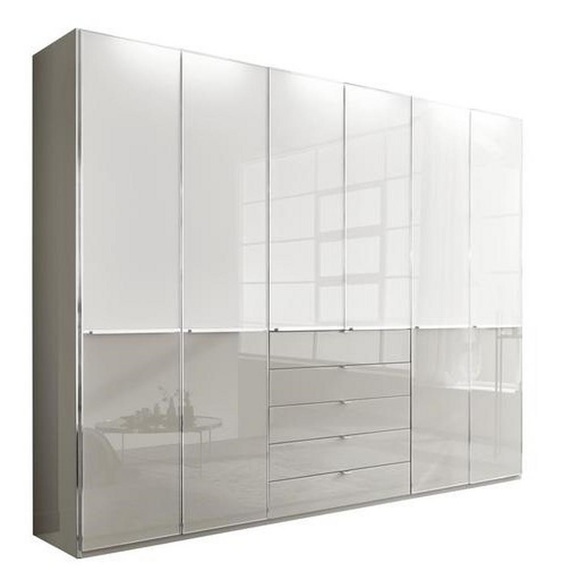 Novel Kleiderschrank in grau, weiss , Shanghai 2 , Metall , 6 Fächer , 5 Schubladen , 300x236x58 cm , Dekorfolie,Hochglanz,Nachbildung , Typenauswahl, In verschiedenen Grössen erhältlich , 000442016801