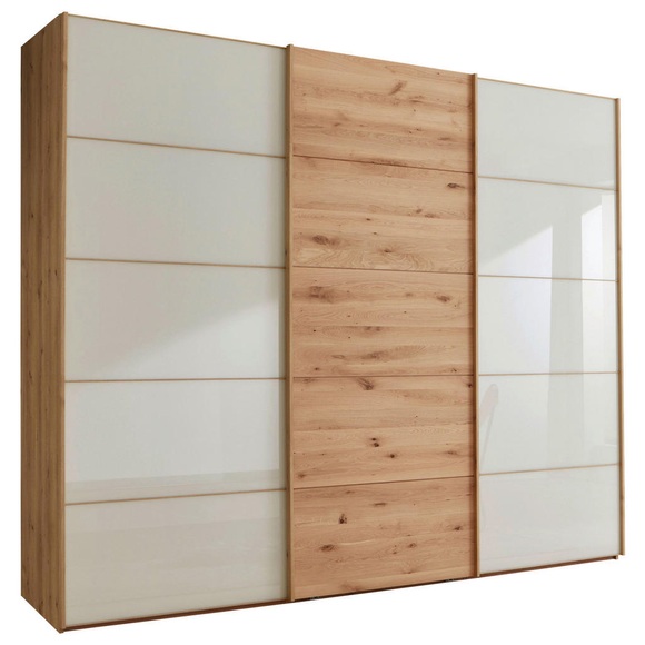 Linea Natura Schwebetürenschrank in champagner, eiche bianco , Cardiff , Holzwerkstoff , teilmassiv , 6 Fächer , 250x217x67 cm , glänzend,Echtholz, Nachbildung , in verschiedenen Holzarten erhältlich, In verschiedenen Grössen erhältlich , 00044