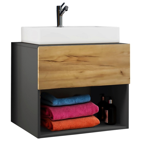 Livetastic Waschtischkombi 60 cm , 2Tlg-Lendas , Anthrazit, Eichefarben , Holzwerkstoff , 1 Schubladen , 60 cm , melaminharzbeschichtet,melaminharzbeschichtet,Nachbildung,Nachbildung , hängend , 000657014457