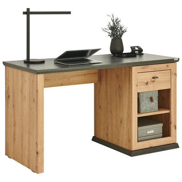 Hom`in Schreibtisch 135/59/76 cm in eichefarben, dunkelgrau , Benton , Metall , 59x76 cm , Dekorfolie, Melamin,Nachbildung , Stauraum , 000003002923