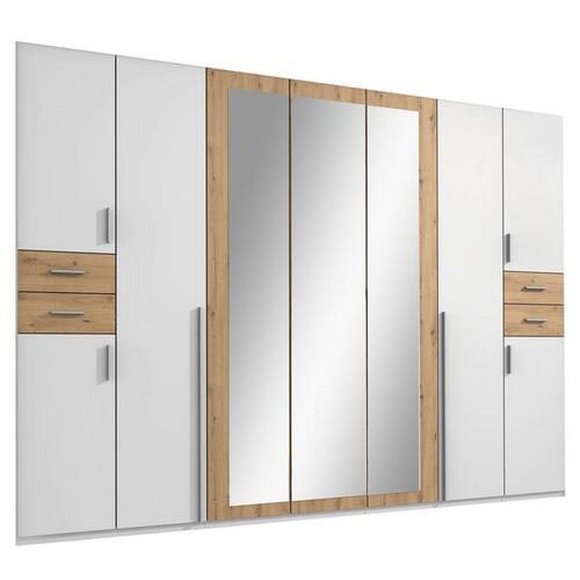 MID.YOU Kleiderschrank in weiss, eiche artisan , Vegas , Kunststoff , 7 Fächer , 313x208x58 cm , Dekorfolie,Dekorfolie,Nachbildung,Nachbildung , In verschiedenen Grössen erhältlich, in verschiedenen Holzdekoren erhältlich , 001787072515