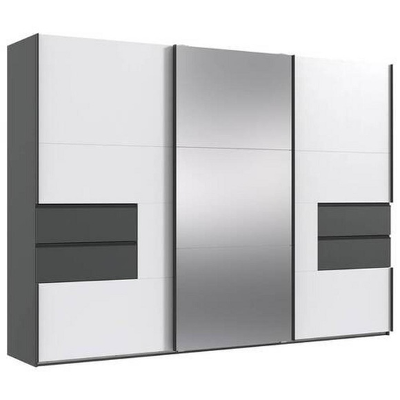 MID.YOU Schwebetürenschrank in graphitfarben, weiss , Palermo , Metall , 6 Fächer , 4 Schubladen , 300x216x65 cm , Dekorfolie,Dekorfolie,Nachbildung,Nachbildung , 001787084102