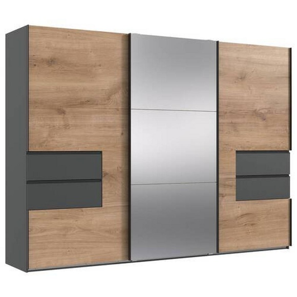 MID.YOU Schwebetürenschrank in graphitfarben, eichefarben , Palermo , Metall , 6 Fächer , 4 Schubladen , 300x216x65 cm , Dekorfolie,Dekorfolie,Nachbildung,Nachbildung , In verschiedenen Grössen erhältlich, in verschiedenen Holzdekoren erhältlich