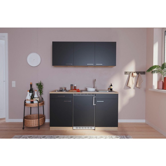 Respekta Miniküche 150 cm , Economy 150 , Schwarz, Eichefarben , Holzwerkstoff , 150 cm , Dekorfolie,Nachbildung , 001899001004