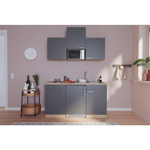 Respekta Miniküche 150 cm , Economy 150 , Schwarz, Eichefarben , Holzwerkstoff , 150 cm , Dekorfolie,Nachbildung , 001899001007
