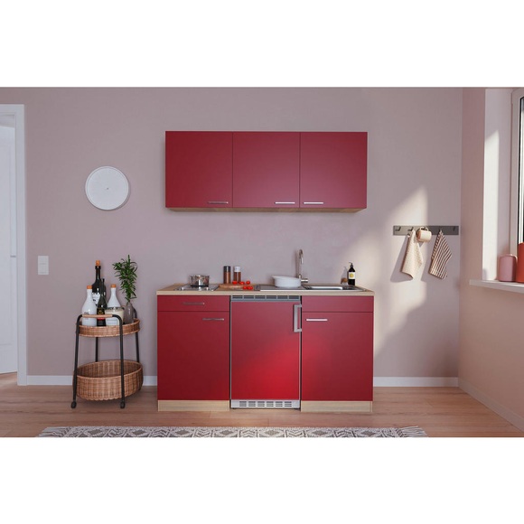 Respekta Miniküche 150 cm , Economy 150 , Rot, Eichefarben , Holzwerkstoff , 150 cm , Dekorfolie,Nachbildung , 001899001010