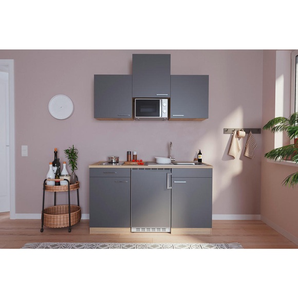 Respekta Miniküche 150 cm , Economy 150 , Grau, Eichefarben , Holzwerkstoff , 150 cm , Dekorfolie,Nachbildung , 001899001015