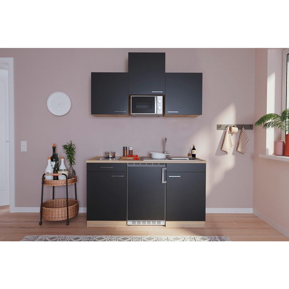 Respekta Miniküche 150 cm , Economy 150 , Schwarz, Eichefarben , Holzwerkstoff , 150 cm , Dekorfolie,Nachbildung , 001899001016