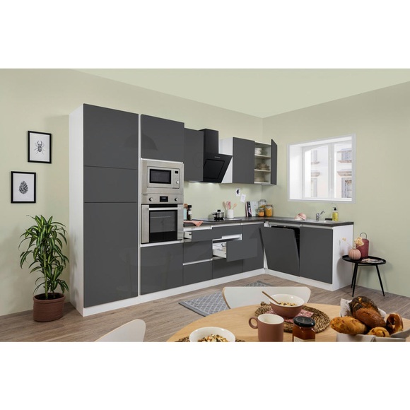 Respekta Küchenblock 345/172 cm , Premium Glrpl345Hwggke , weiss , Holzwerkstoff , 345x172 cm , Dekorfolie,Nachbildung , Frontauswahl, links aufbaubar, rechts aufbaubar , 001899003903