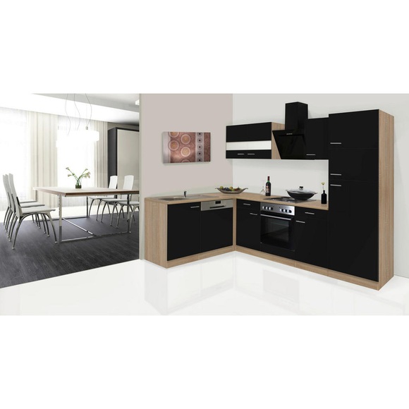 Respekta Eckküche 172/280 cm , Economy L 280 , Schwarz, Eichefarben , Glas, Holzwerkstoff , 280x172 cm , Dekorfolie,Nachbildung , links aufbaubar, rechts aufbaubar , 001899016906