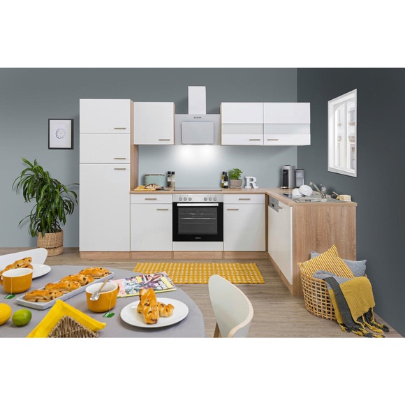 Respekta Eckküche 172/280 cm , Economy L 280 , weiss, Eichefarben , Glas, Holzwerkstoff , 280x172 cm , Dekorfolie,Nachbildung , links aufbaubar, rechts aufbaubar , 001899016907