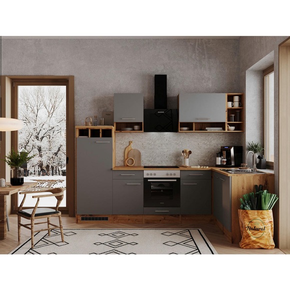 Respekta Eckküche 280/172 cm , Economy L 280 , Grau, Wildeiche , Metall , 2,1 Schubladen , 280x172 cm , Melamin,Nachbildung , links aufbaubar, rechts aufbaubar , 001899016914