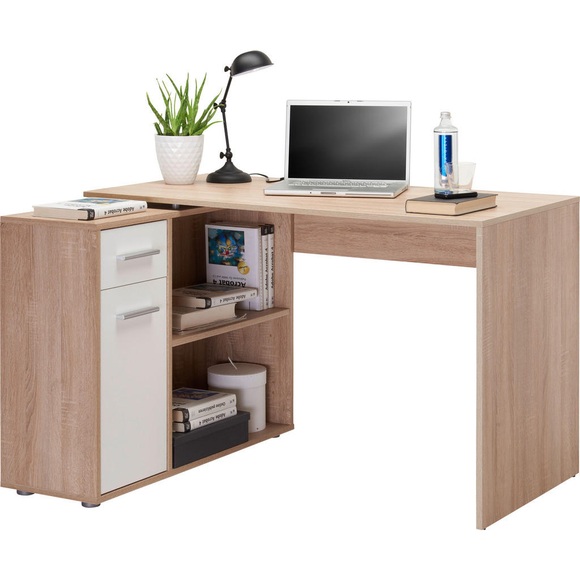 Hom`in Eckschreibtisch 90/120/75 cm in weiss, eichefarben , Maro , Kunststoff , 120x75 cm , Dekorfolie,Nachbildung , Stauraum , 002647001501