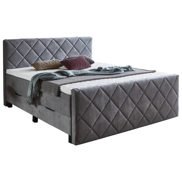 Carryhome Boxspringbett 180/200 cm in grau , Chester , Textil , Vintage , H3=fest ab ca.80kg , 180 cm , Doppeltuch,Webstoff , Bettkasten, gepolstertes Kopfteil, Topper durchgehend , 002157034702