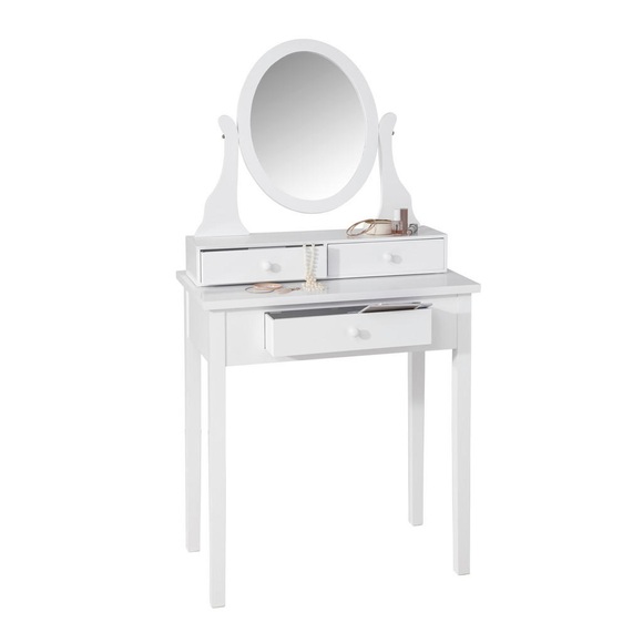 Ambia Home Schminktisch in weiss kiefer , Viola -Top- , Holz , 3 Schubladen , 70x132x40 cm , handbemalt,verspiegelt,Nachbildung , 008103000501