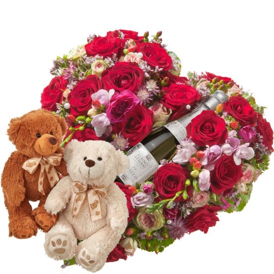 Mitten ins Herz, mit Prosecco Albino Armani DOC (20cl) und Teddybärenpaar (weiss & braun)