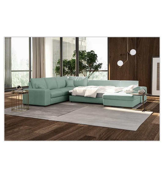 Florenzzi - Panorama-Schlafsofa mit Rechtsseitiger Recamiere Salieri - Türkis und Dunkelbraun