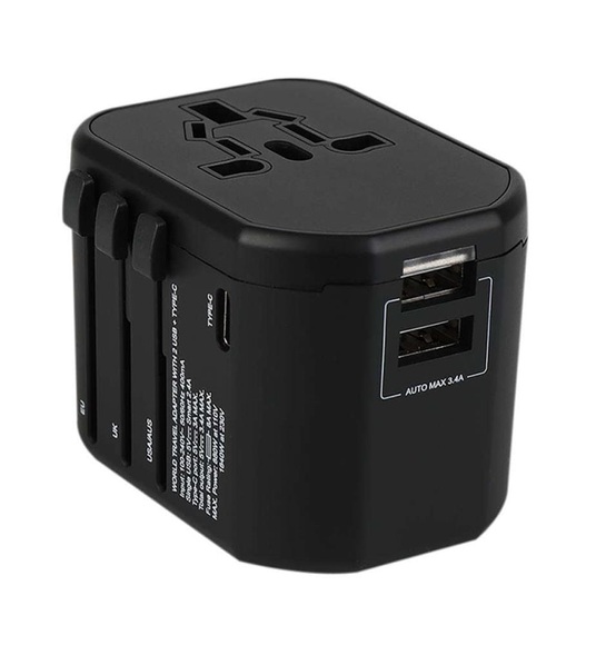 High Tech - Globaler Reiseadapter für 150 Länder mit 1 USB-C 3,0 Und 2 USB - 3400 mah