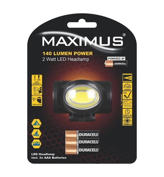 Duracell - 2 Watt LED-Stirnlampe mit Stroboskop-Funktion - 140 Lumen