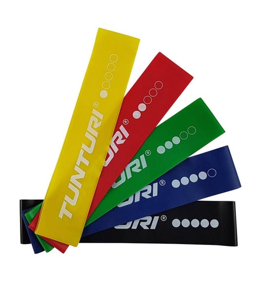 Tunturi - 5 Gummi Gymnastikbänder mit Netztasche Mixed