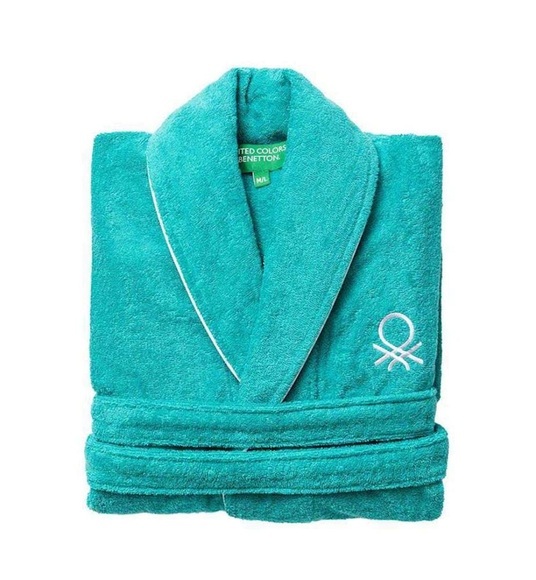 Benetton - Bademantel M/L 360 g 100% Baumwolle Hellblau Regenbogen