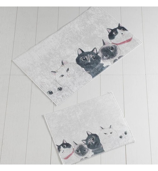 Home - 2er-Set Badvorleger Angry Cats - 50 x 60 cm und 60 x 100 cm - Weiss und Grau