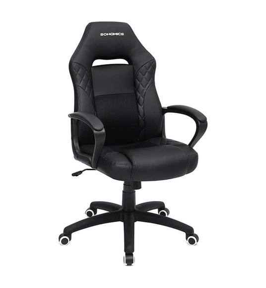 Songmics - Gamingstuhl, Bürostuhl mit Wippfunktion, Racing Chair, ergonomisch, S-förmige Rückenlehne, gut für die Lendenwirbelsäule, bis 150 kg belastbar, Kunstleder, schwarz OBG38BK