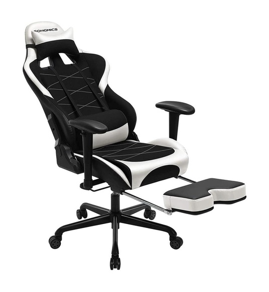 Songmics - Gaming Stuhl mit Fußstütze, 150 kg, Bürostuhl, Schreibtischstuhl, Lendenkissen, Kopfkissen, hohe Rückenlehne, ergonomisch, Stahl, Kunstleder, atmungsaktives Meshgewebe, schwarz-weiß RCG52BW