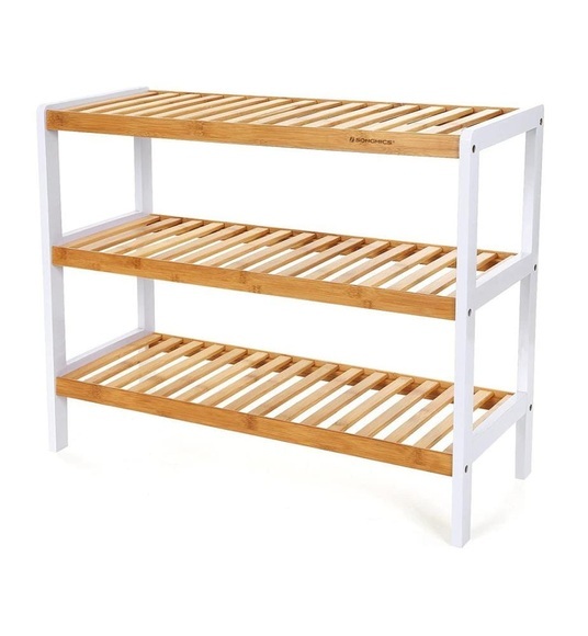 Songmics - Schuhregal aus Bambus, Badregal mit 3 Ebenen, Schuhschrank, Schuhständer, 70 x 55 x 26 cm (B x H x T), weiß und naturfarben, LBS03H