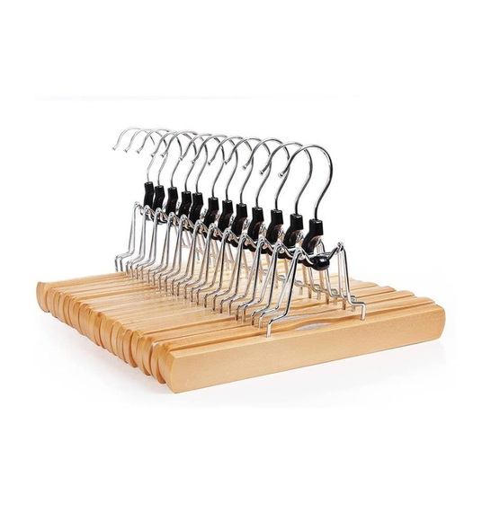 Songmics - Hosenspanner, 12 Stück, Kleiderbügel aus Holz, Hosenbügel, rutschfest, verchromter Haken, um 360 Grad drehbar, CRW007-12, Natur