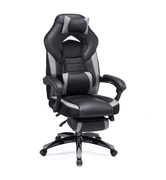 Songmics - Gamingstuhl, Bürostuhl mit Fußstütze, Schreibtischstuhl, ergonomisches Design, verstellbare Kopfstütze, Lendenstütze, bis zu 150 kg belastbar, Schwarz-Grau, OBG77BG