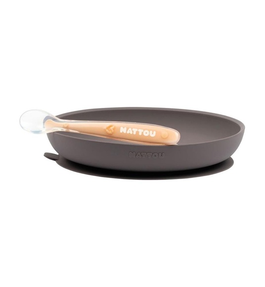 Nattou - SILIKON Teller mit Löffel aubergine-pfirsich