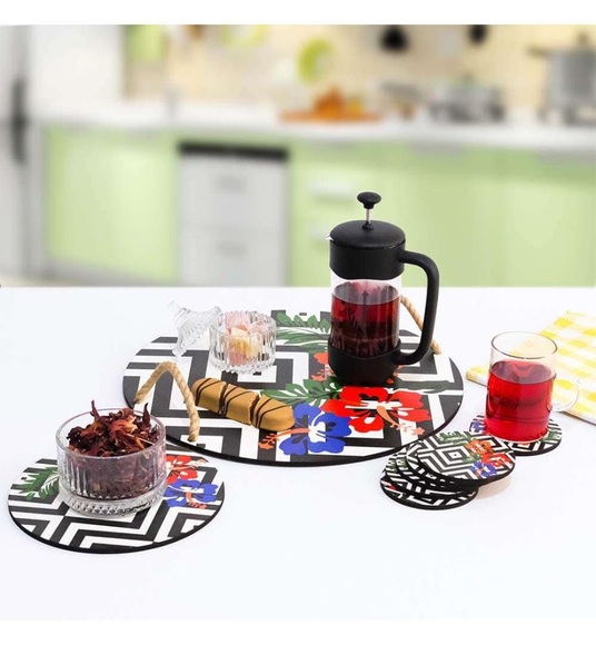 Home - Holztablett & Glasmatten-Set (8 Stück) - Multicolor