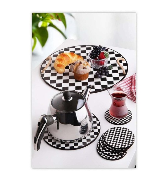 Home - Holztablett & Glasmatten-Set (8 Teile) - Schwarz