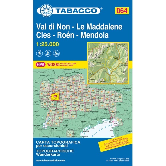 Tabacco topographische Wanderkarte Val di Non-LeMaddalene-Cles-Roen-Mendola