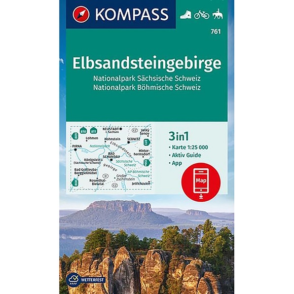 KOMPASS Wanderkarte 761 Elbsandsteingebirge, Nationalpark Sächsische Schweiz, Nationalpark Böhmische Schweiz 1:25000 - 3in1 Wanderkarte mit Aktiv Guide inklusive Karte zur offline Verwendung in der KOMPASS-App. Fahrradfahren. Reiten.