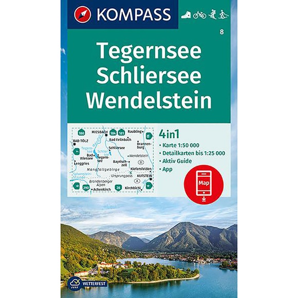 KOMPASS Wanderkarte Tegernsee, Schliersee, Wendelstein - 4in1 Wanderkarte 1:50000 mit Aktiv Guide und Detailkarten inklusive Karte zur offline Verwendung in der KOMPASS-App. Fahrradfahren. Skitouren. Langlaufen.