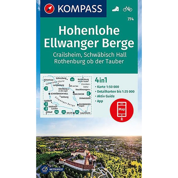 KOMPASS Wanderkarte Hohenlohe, Ellwanger Berge, Crailsheim, Schwäbisch Hall, Rothenburg ob der Tauber - 4in1 Wanderkarte 1:50000 mit Aktiv Guide und Detailkarten inklusive Karte zur offline Verwendung in der KOMPASS-App. Fahrradfahren.