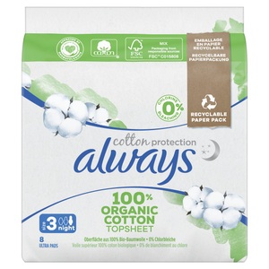 Always, always Ultra Binde Cotton Protection Night mit Flügeln Magic Paper (8 Stück), Always Cotton Protection Damenbinden