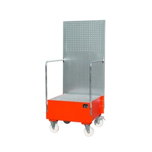 undefined, Fahrbare Auffangwanne mit Lochplattenwand 1 x 200-l-Fass stehend, LxBxH 870 x 890 x 2110 mm feuerrot, Auffangwanne mit Lochplatte, 1x 200 l, HxBxT 2.110 x 890 x 870 mm, feuerrot