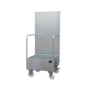 undefined, Fahrbare Auffangwanne mit Lochplattenwand 1 x 200-l-Fass stehend, LxBxH 870 x 890 x 2110 mm feuerverzinkt, Auffangwanne mit Lochplatte, 1x 200 l, HxBxT 2.110 x 890 x 870 mm, feuerverzinkt
