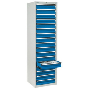 undefined, Schubladenschrank HxBxT 1800 x 500 x 500 mm, 17 Schubladen 100 mm hoch Korpus grau, Schubladen enzianblau, stumpf® Schubladenschrank, Schubladen 17x100 mm, HxBxT 1.800 x 500 x 500 mm, lichtgrau/enzianblau