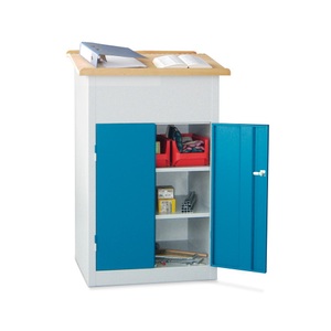 undefined, Industrie-Stehpult mit Flügeltürschrank enzianblau, PAVOY Stehpult mit Schrank + Holzplatte, geschlossen, 2 Einlegeböden