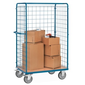 Fetra, fetra® Paketwagen, 3-seitig mit Gitterwand, Ladefläche 1.000 x 600 mm, Gitterwagen fetra®, Lenk- & Bockrollen, bis 600 kg, L 1169 x B 609 x H 1800 mm, Stahl & Holz, brillantblau RAL 5007 & Buche-Dekor