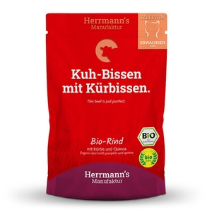 Herrmanns, Herrmann's Nassfutter Bio Rind mit Kürbis und Quinoa, Herrmann's Selection Adult Bio-Rind mit Kürbis und Quinoa, Nassfutter für Katzen (100g)