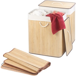 Infactory, infactory 2er-Set Faltbare Bambus-Wäschekörbe mit Deckel und Wäschesack, natur, 2er-Set Faltbare Bambus-Wäschekörbe mit Deckel und Wäschesack, natur