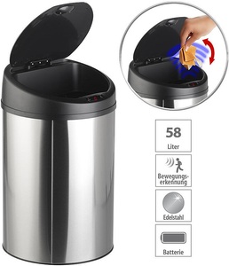 Sichler Haushaltsgeräte, Sichler Haushaltsgeräte Abfalleimer mit Hand-Bewegungssensor & Edelstahl-Korpus, 58 Liter, Abfalleimer mit Hand-Bewegungssensor & Edelstahl-Korpus, 58 Liter