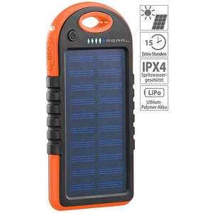 Pearl, Pearl Solar-Powerbank mit Taschenlampe, 3.000 mAh, 2x USB, 1 A, IPX4, Solar-Powerbank mit Taschenlampe, 3.000 mAh, 2x USB, 1 A, IPX4