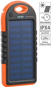 Pearl, Pearl Solar-Powerbank mit Taschenlampe, 3.000 mAh, 2x USB, 1 A, IPX4, Solar-Powerbank mit Taschenlampe, 3.000 mAh, 2x USB, 1 A, IPX4